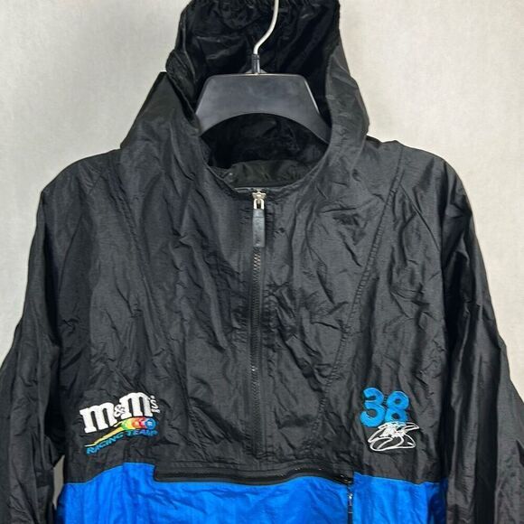 Vtg Elliott Sadler NASCAR Windbreaker Pullover w/Hood Sz XXL m&m's 38 Blue Black - Picture 2 of 10